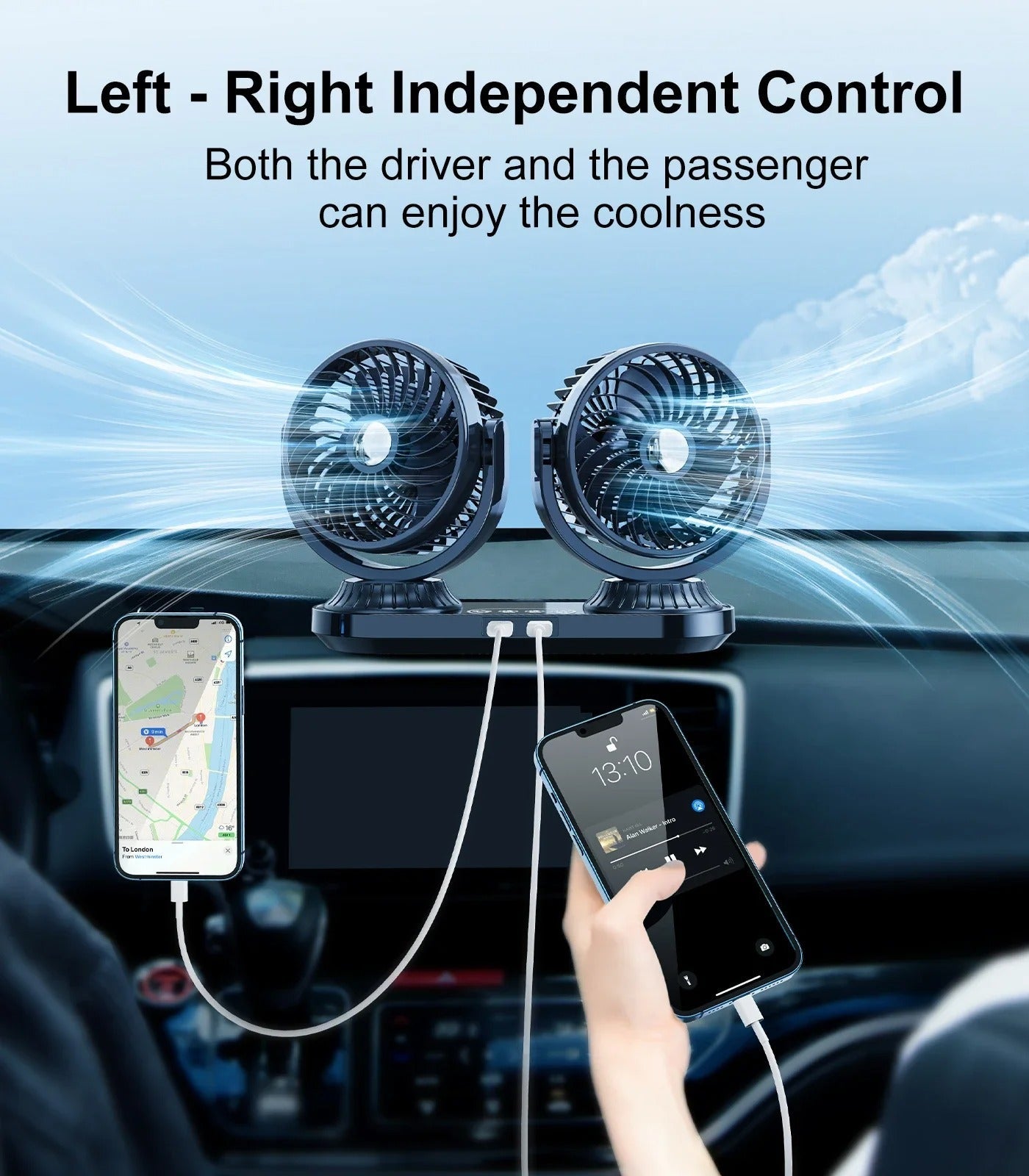 Dual Head Car Fan 12V/24V Portable Auto Cooling Fan 360°