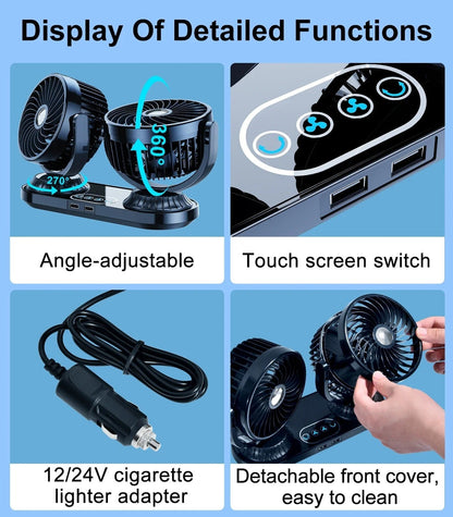 Dual Head Car Fan 12V/24V Portable Auto Cooling Fan 360°